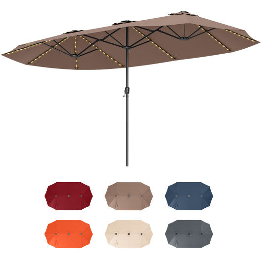 15.5 FT Extra-Large Patio Umbrella with LED Solar Lights and Crank Handle-Brown