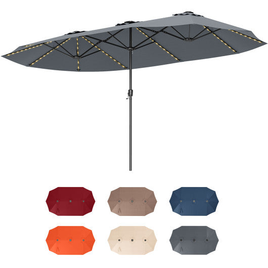 15.5 FT Extra-Large Patio Umbrella with LED Solar Lights and Crank Handle-Gray