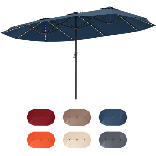 15.5 FT Extra-Large Patio Umbrella with LED Solar Lights and Crank Handle-Navy