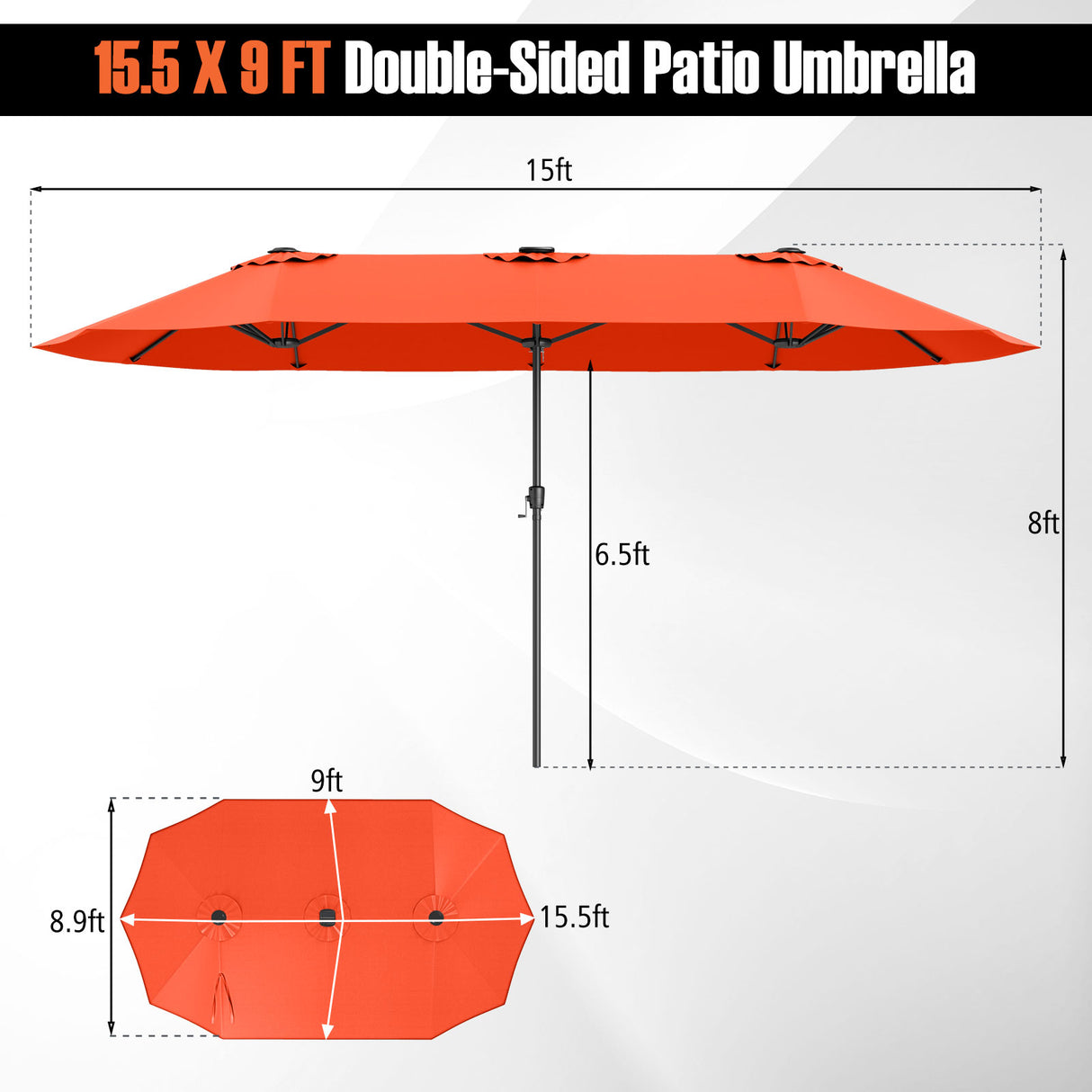 15.5 FT Extra-Large Patio Umbrella with LED Solar Lights and Crank Handle-Orange