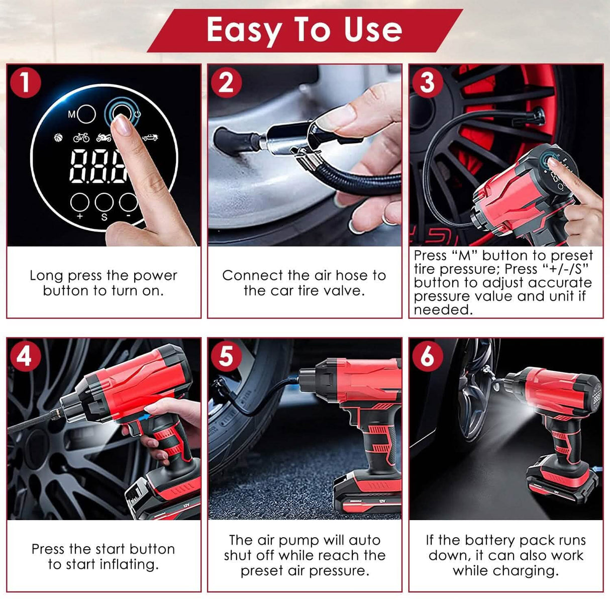 150 PSI 12V Portable Cordless Tire Pump 6000mAh Rechargeable with LED Light