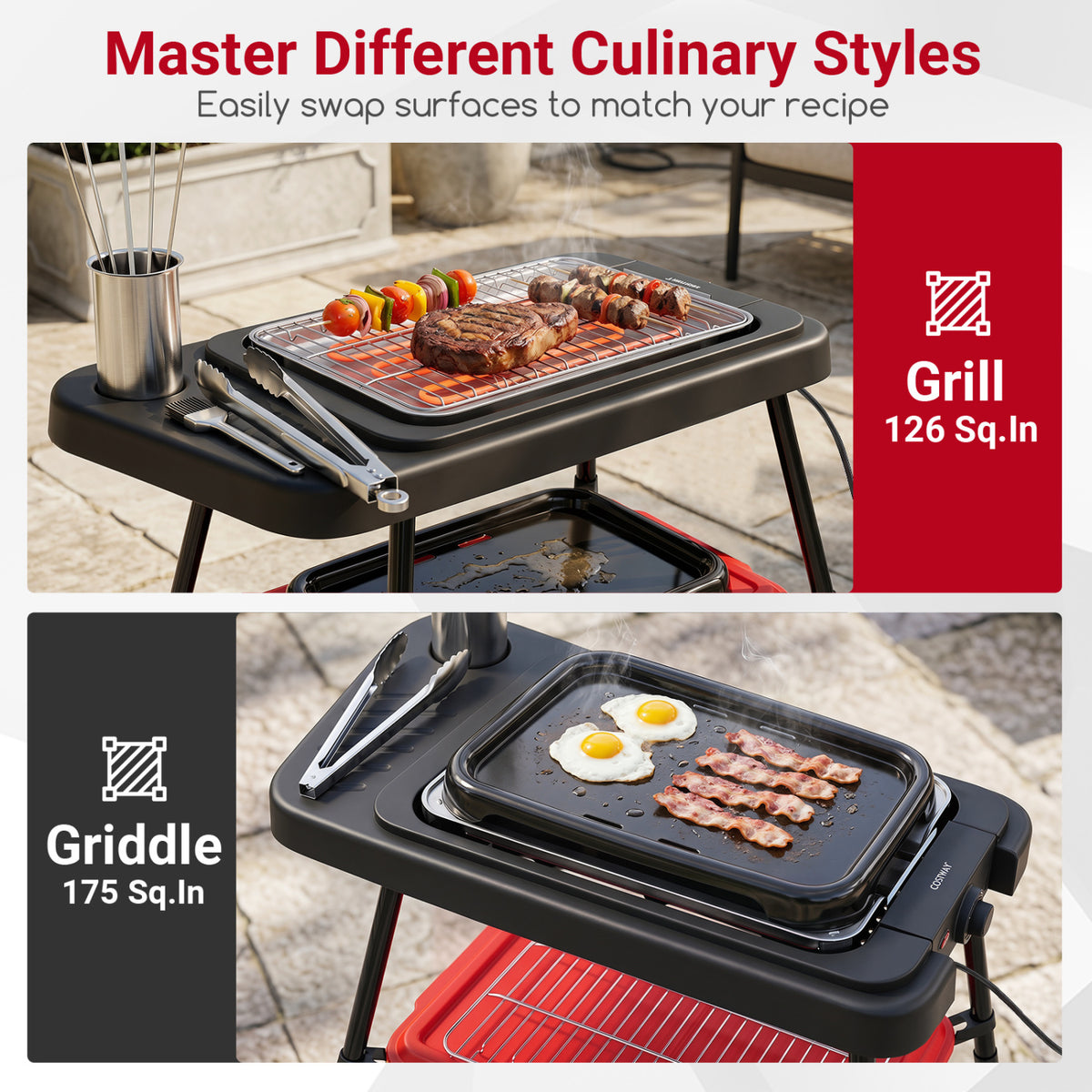 1500W 2-in-1 Electric Grill with Detachable Stand and Dual Plates for Balcony-Red