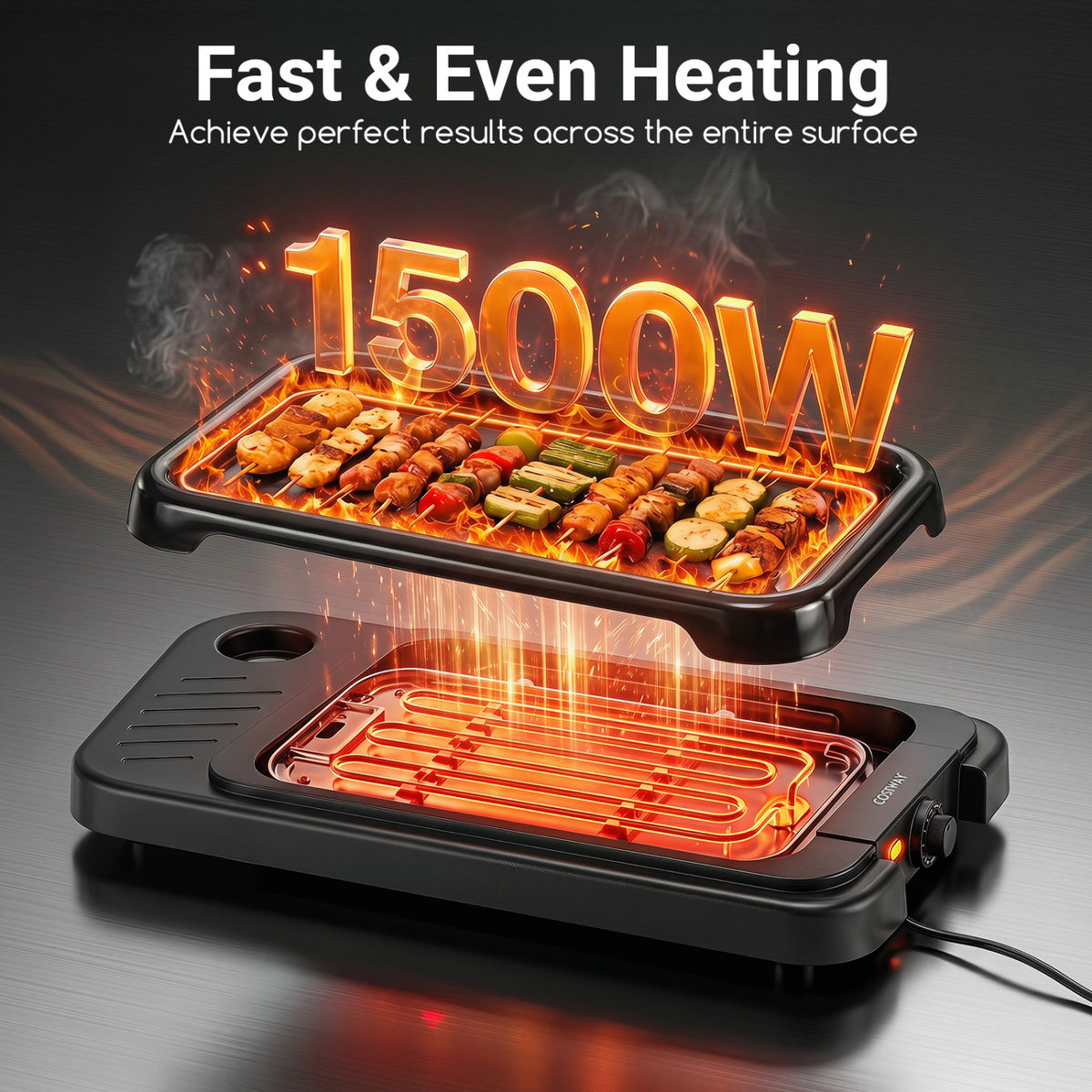 1500W 2-in-1 Electric Grill with Detachable Stand and Dual Plates for Balcony-Red