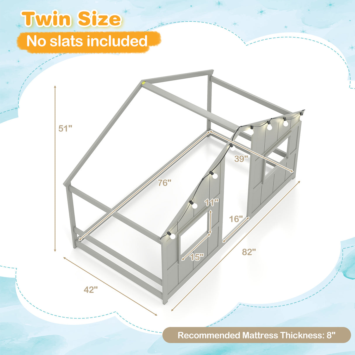 Twin Size House Bed with LED Lights Montessori Slat-free Floor Bed-Grey