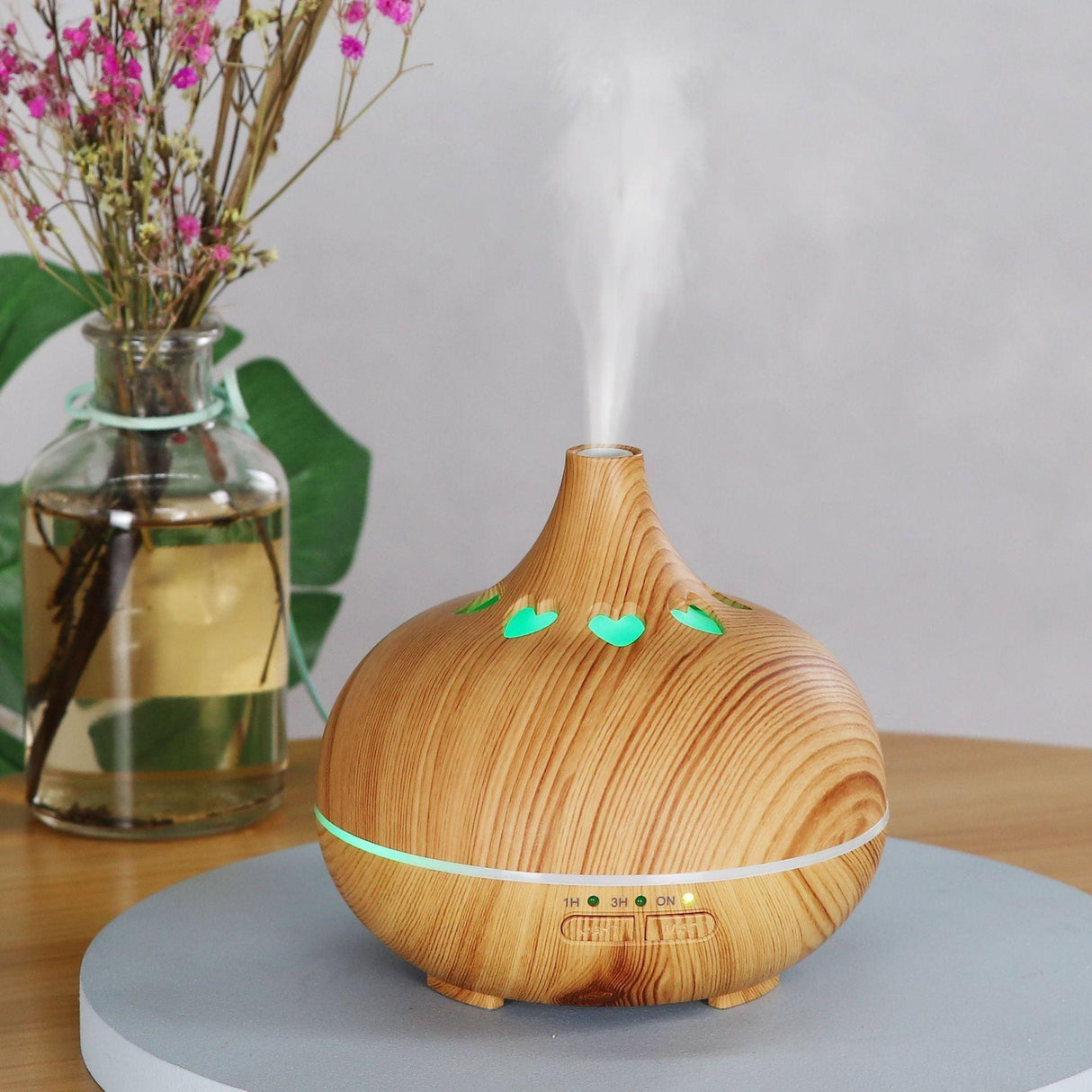 Modern Heart Shapes Aromatherapy Diffuser 550ml With Remote Control Cool Mist Humidifier Ultrasonic Aroma Essential Oil Diffuser for Office Home Bedroom Living Room Study Yoga Spa - Wood Grain, 7 Colors LED Light