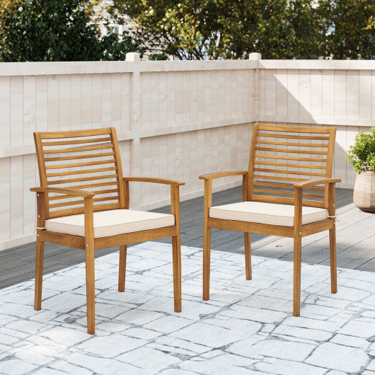 Outdoor Patio Dining Chairs Set of 2 with Removable Padded Cushion and Slatted Backrest-Beige