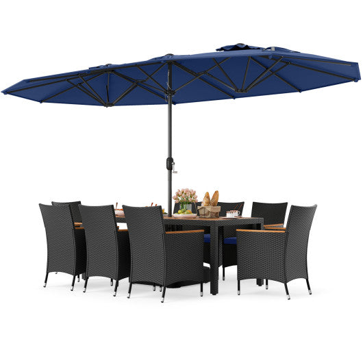10 Piece Outdoor Patio Dining Set with 15 Feet Double-Sided Twin Umbrella-Navy