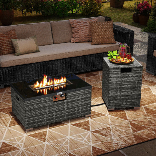 2-Piece Outdoor Rattan Fire Table Set 32 Inch Rectangle Gas Firepit with Tank Cover-Gray