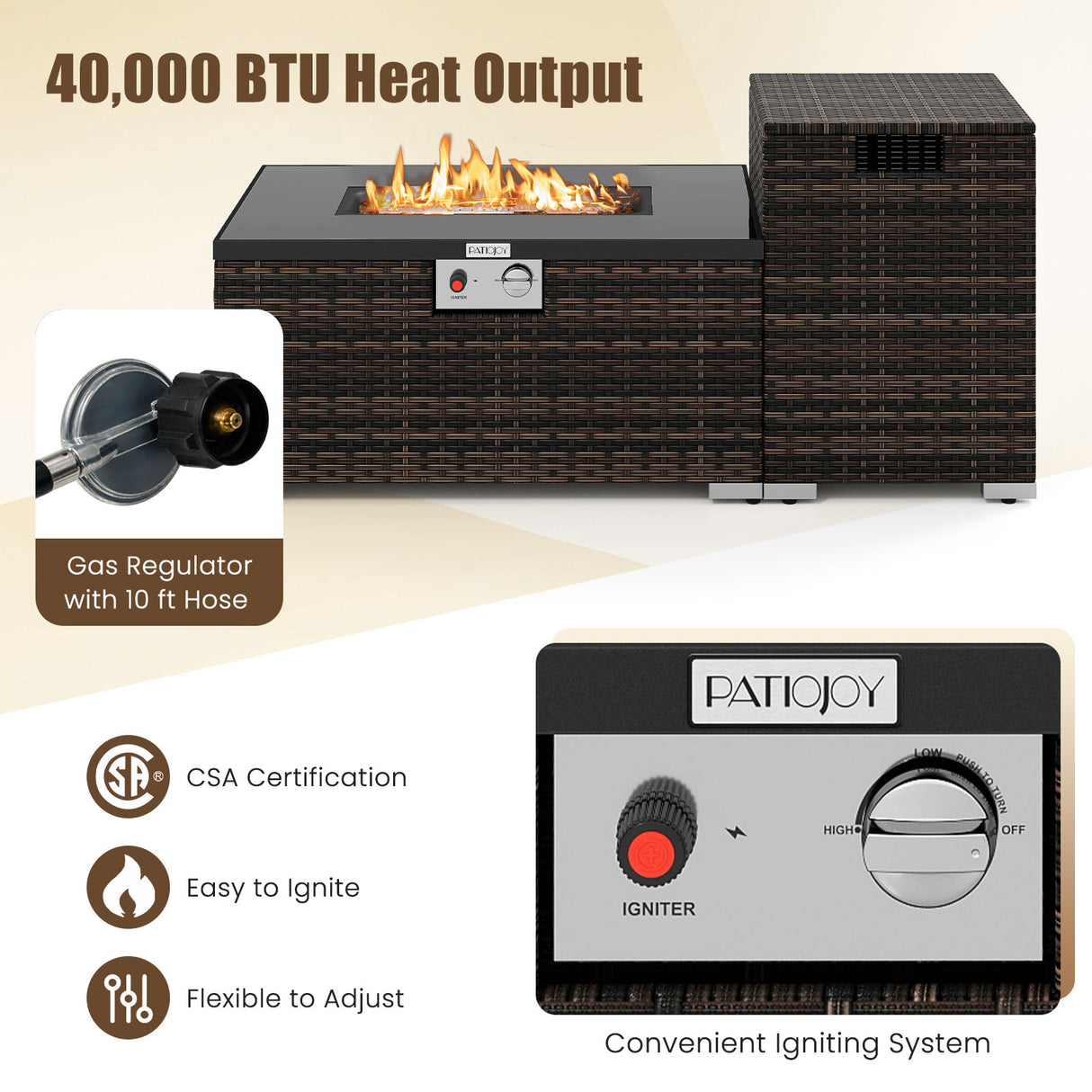 2-Piece Outdoor Rattan Fire Table Set 32 Inch Rectangle Gas Firepit with Tank Cover-Brown