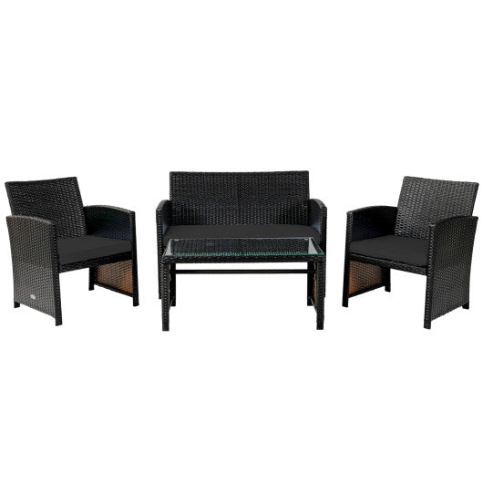 4 Pieces Patio Rattan Cushioned Furniture Set with Coffee Table-Black