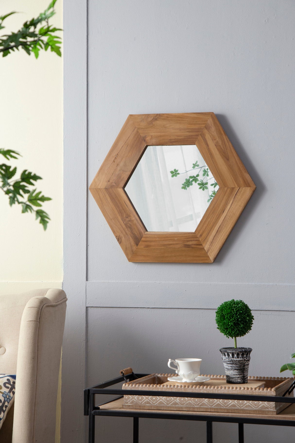 Hexagon Mirror With Natural Wood Frame, Wall Decor For Living Room Bathroom Hallway by Couch.com