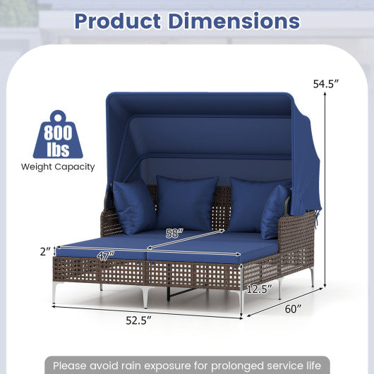 Outdoor Daybed with Retractable Canopy PE Wicker Rattan Patio Lounger-Navy