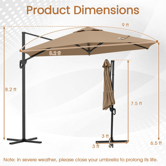 9 FT Cantilever Patio Umbrella with Vented Top and Sun-Protective Canopy-Brown