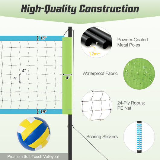 Portable Outdoor Volleyball Net Set Heavy-Duty Volleyball Net System-Green