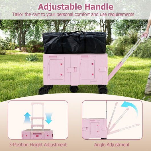 Large Foldable Utility Cart with 2-Tier Storage Crates and Telescoping Handle-Pink