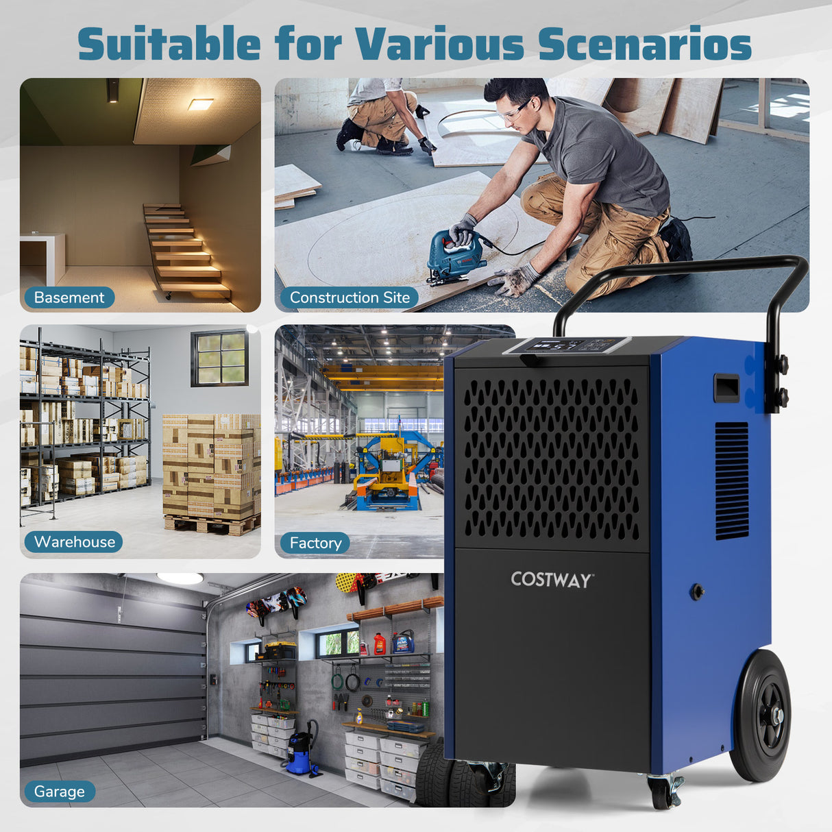 154 Pints Commercial Dehumidifier with Pump and Drain Hoses-Blue