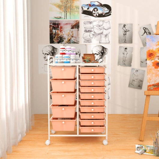 15-Drawer Utility Rolling Organizer Cart Multi-Use Storage-Peach