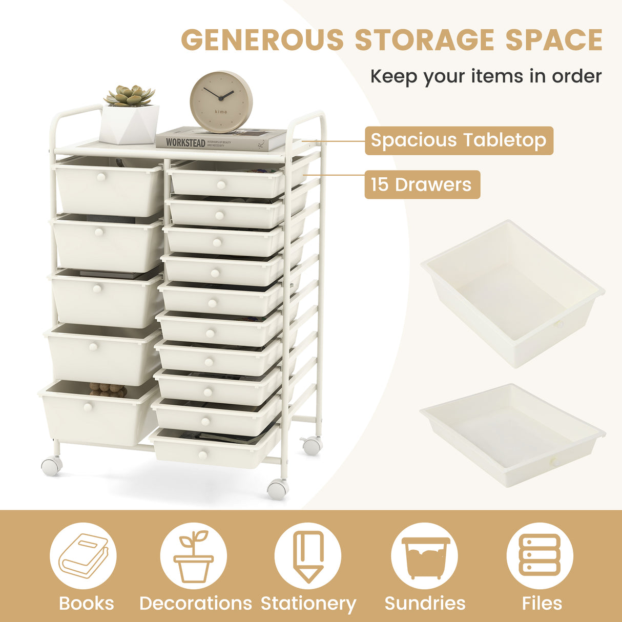 15-Drawer Utility Rolling Organizer Cart Multi-Use Storage-White