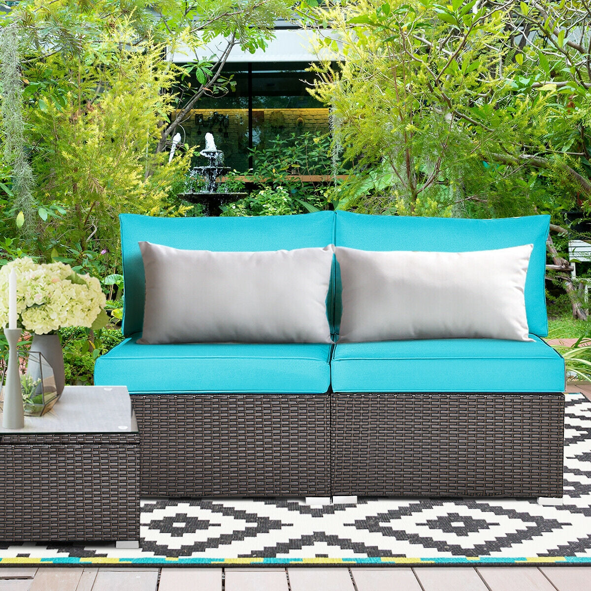 2 Pieces Patio Rattan Armless Sofa Set with 2 Cushions and 2 Pillows-Navy