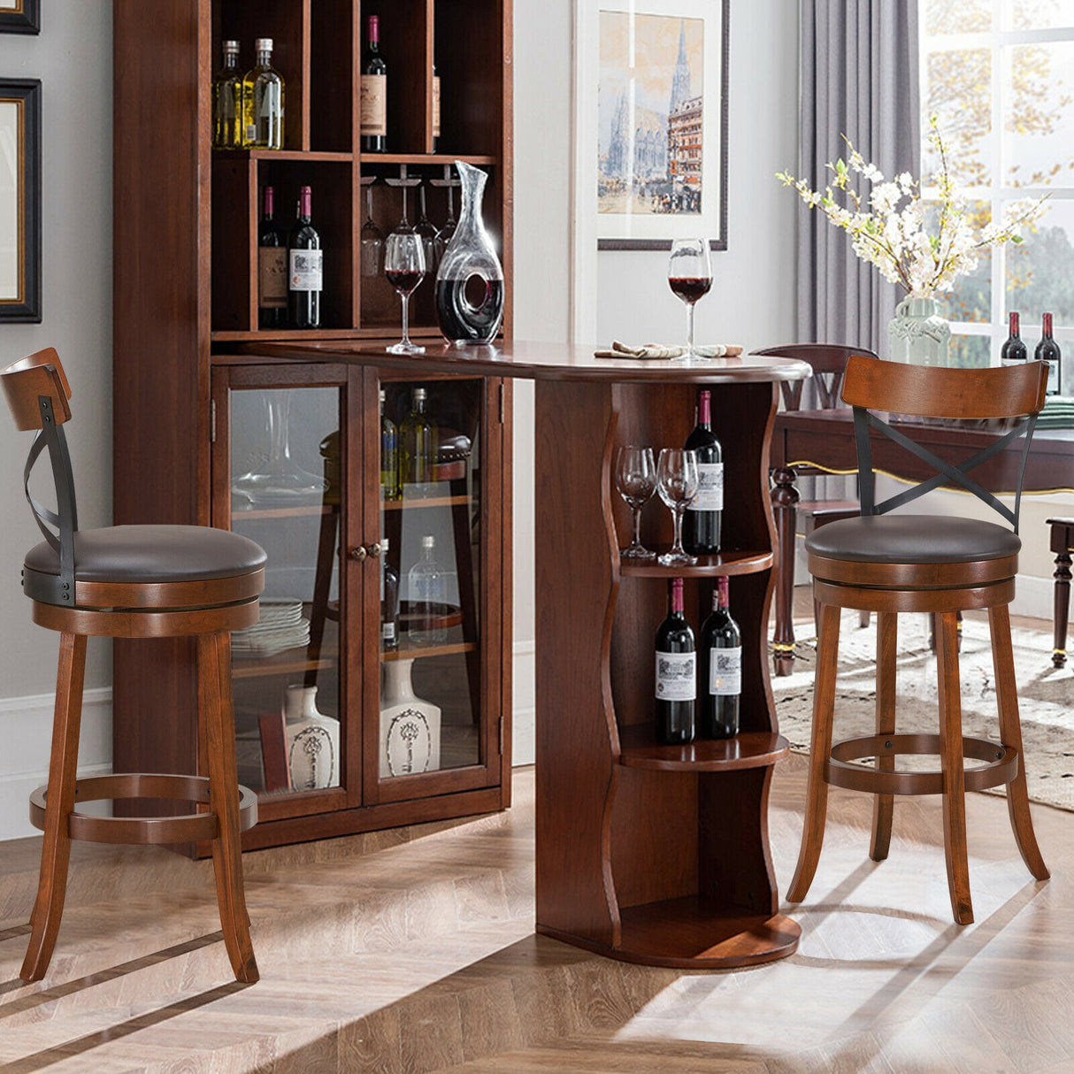 Set of 2 Bar Stools 360-Degree Swivel Dining Bar Chairs with Rubber Wood Legs-25 inch