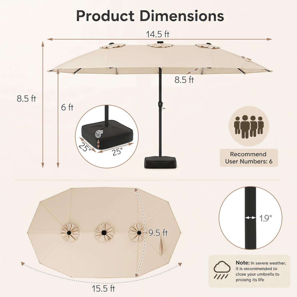 15.5FT Extra-Large Patio Umbrella with Base 12 Reinforced Ribs-Beige