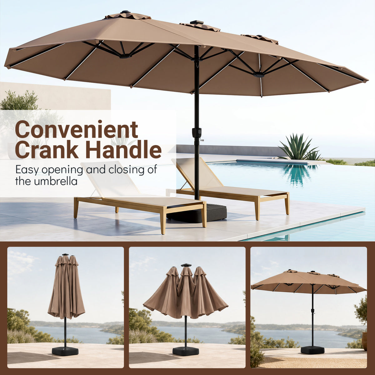 15.5FT Extra-Large Patio Umbrella with Base 12 Reinforced Ribs-Brown