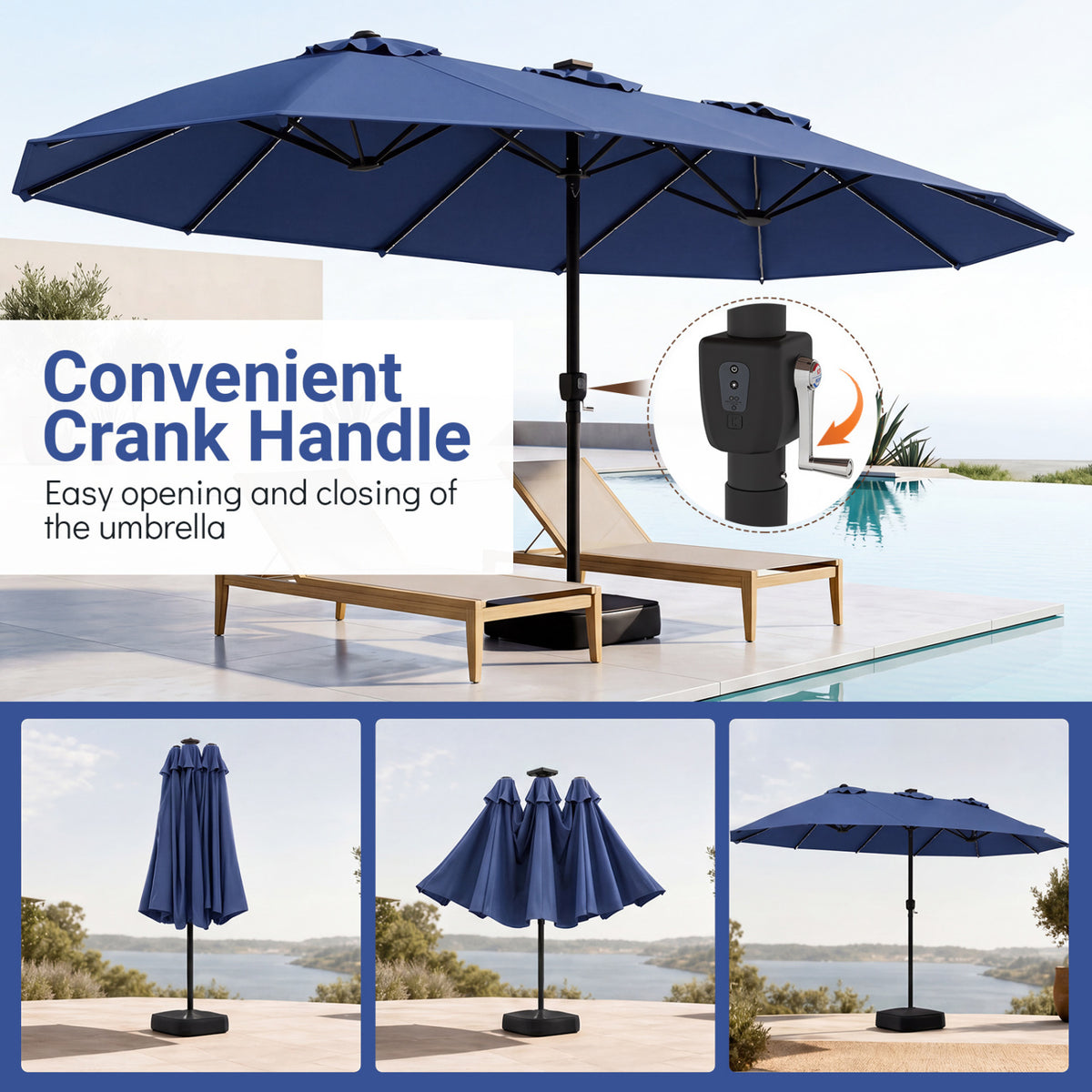 15.5FT Extra-Large Patio Umbrella with Base 12 Reinforced Ribs-Navy