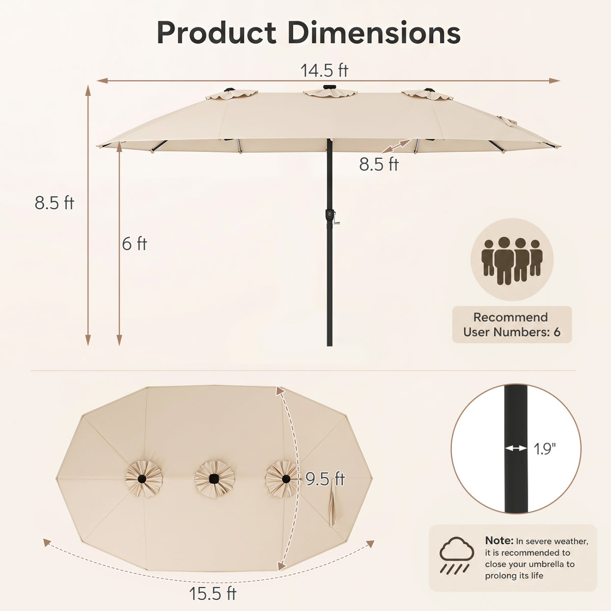 15.5FT Extra-Large Patio Umbrella 12 Reinforced Metal Ribs-Beige