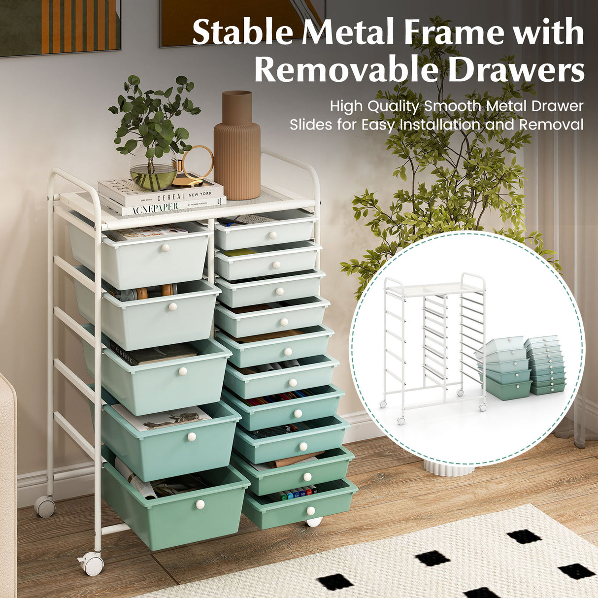 15-Drawer Utility Rolling Cart with Drawers Multi-Use Storage-Lime Green