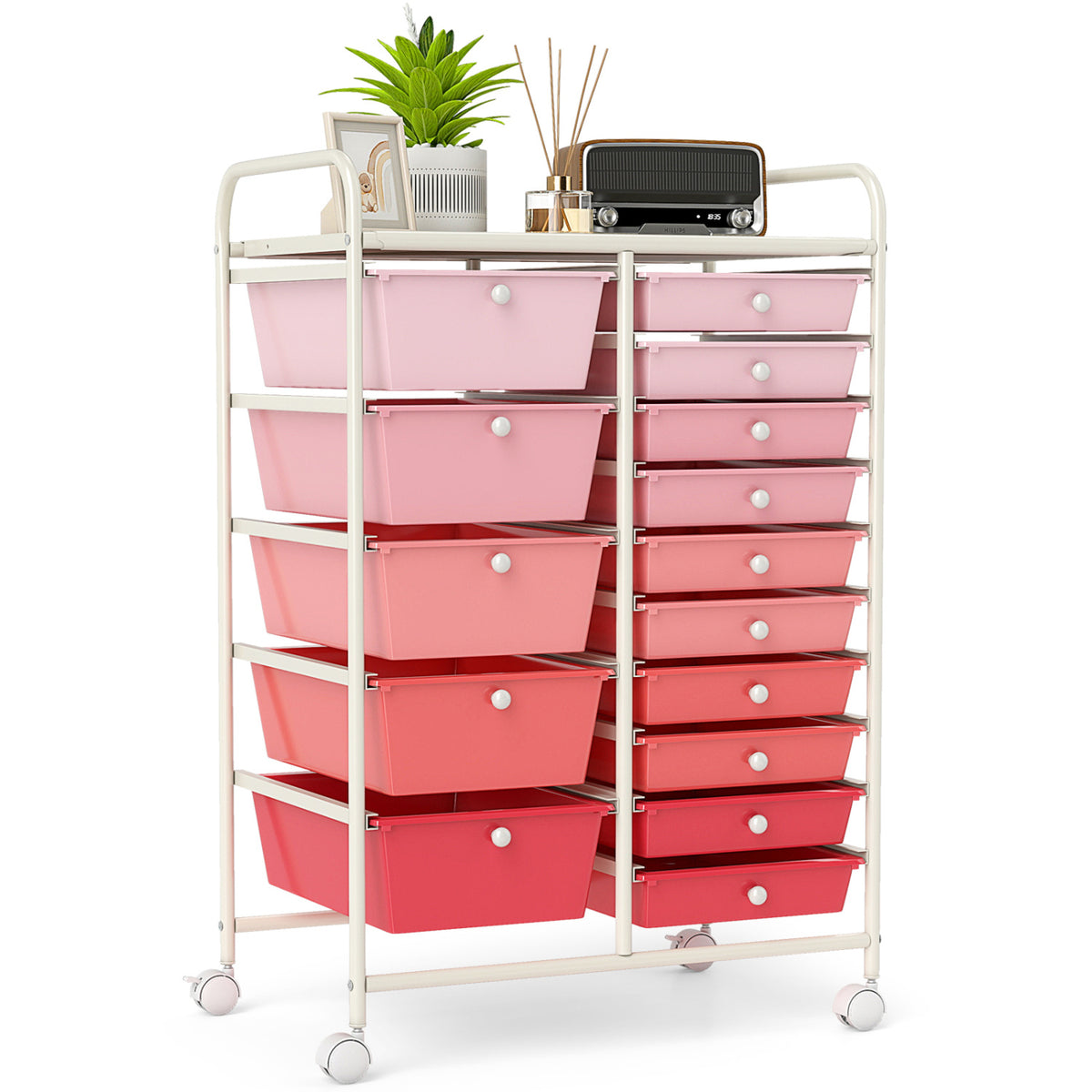 15-Drawer Utility Rolling Organizer Cart Multi-Use Storage-Gradient Pink
