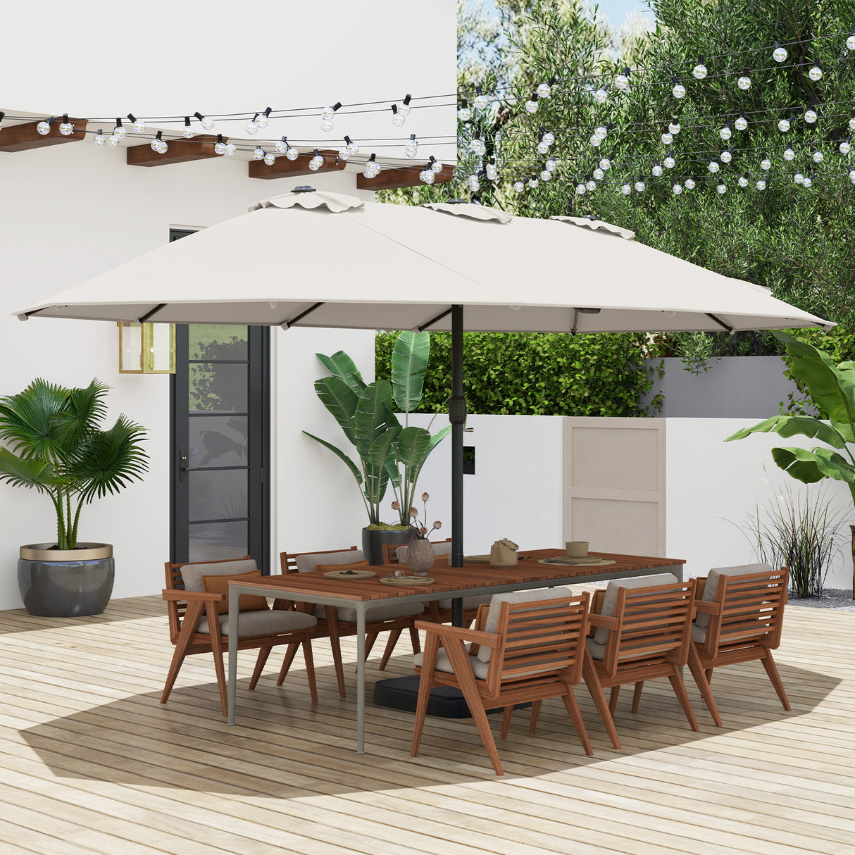 15 Feet Double-Sided Twin Patio Umbrella with Crank and Base-Brown