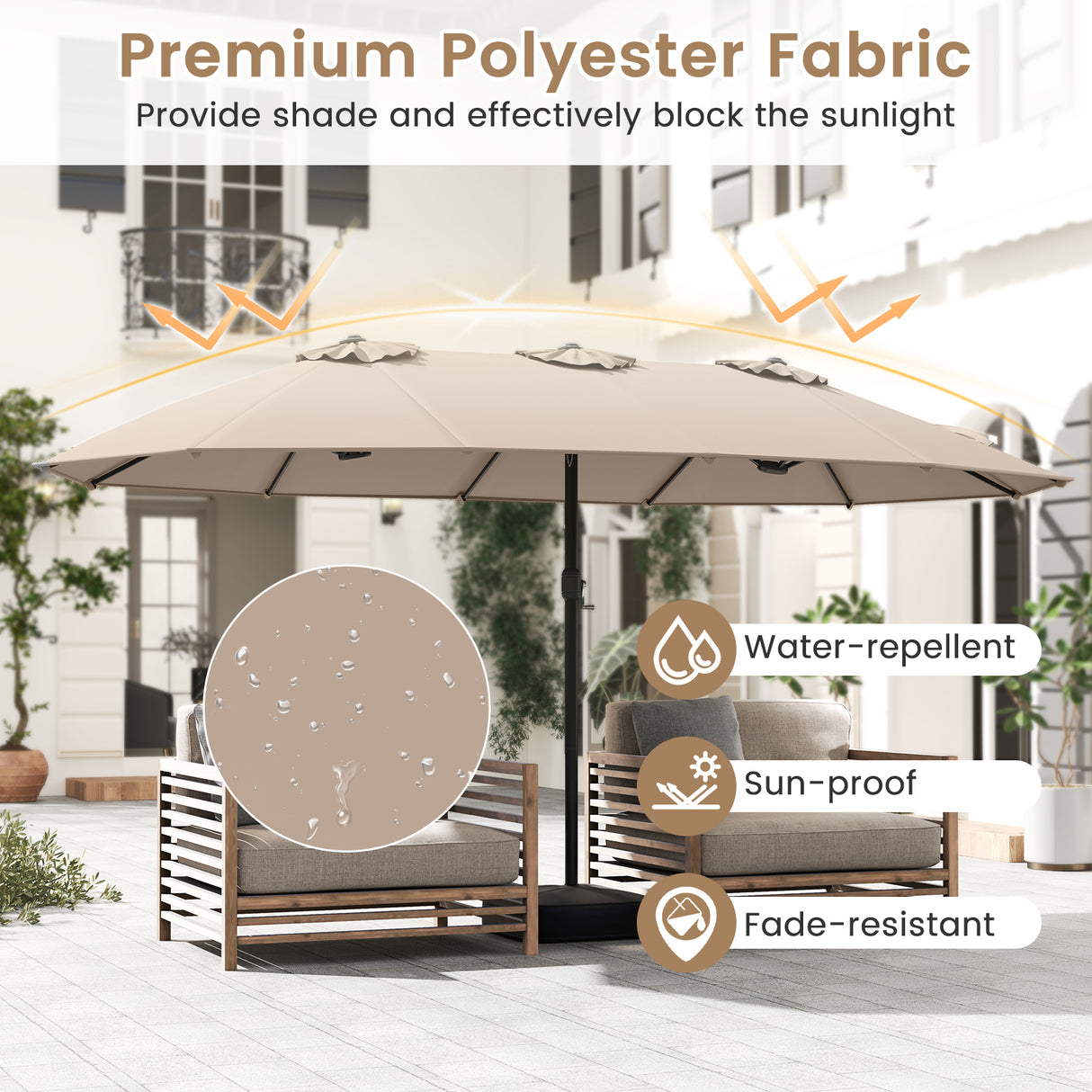 15 Feet Double-Sided Twin Patio Umbrella with Crank and Base-Brown