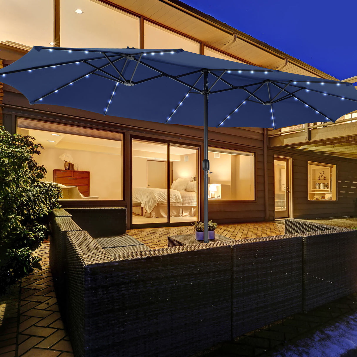 15 Feet Double-Sided Patio Umbrella with 48 LED Lights-Beige
