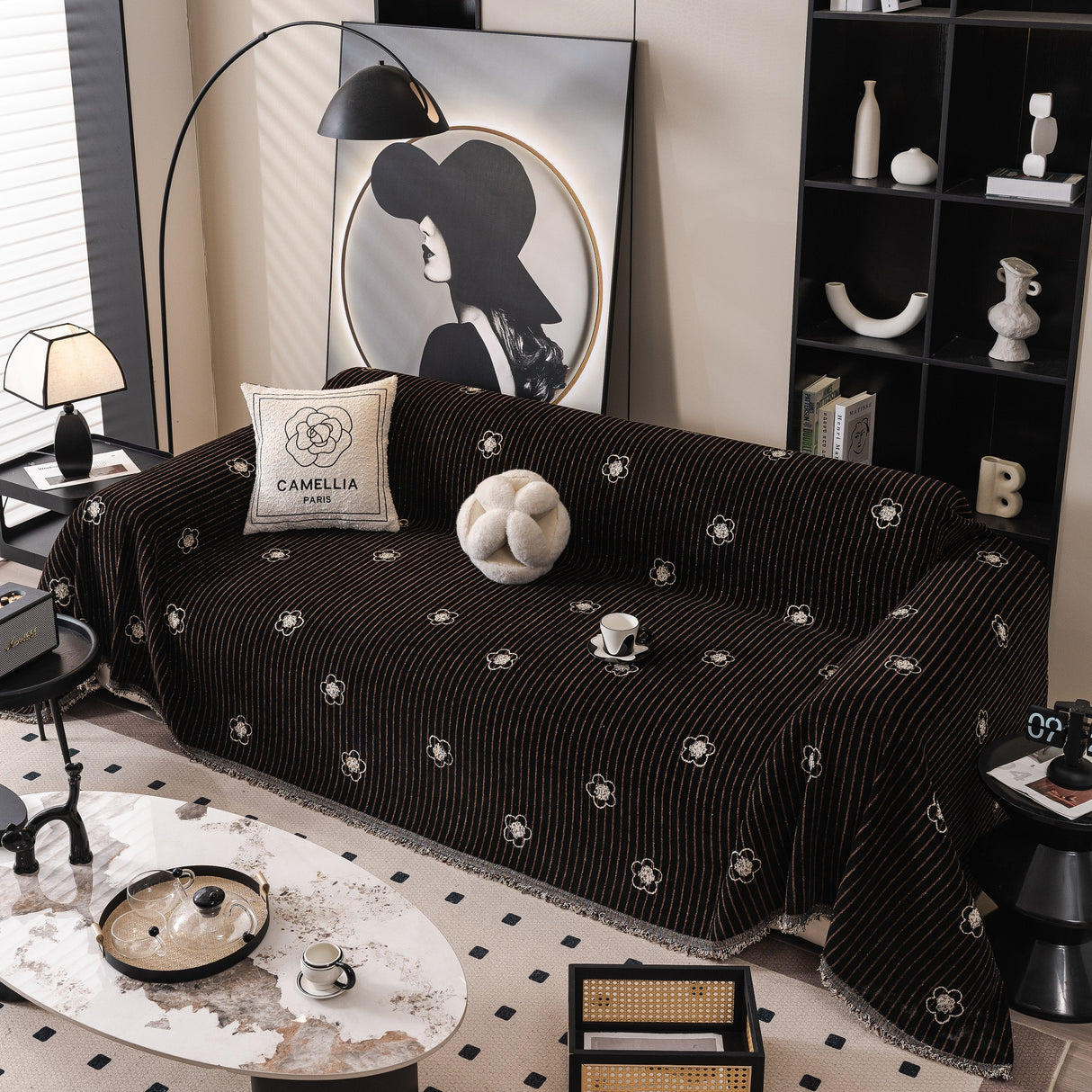 Chenille Camellia Floral Sofa Throw Cover Couch Blanket with Striped Jacquard