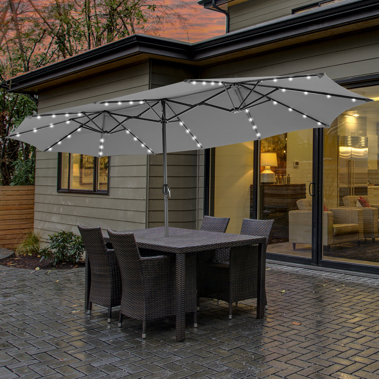 15 Feet Twin Patio Umbrella with 48 Solar LED Lights-Gray