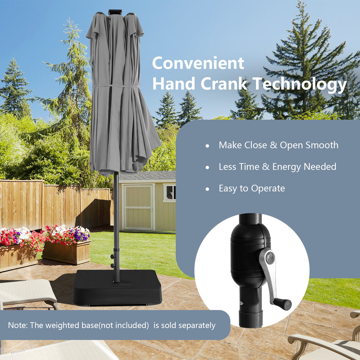 15 Feet Twin Patio Umbrella with 48 Solar LED Lights-Gray