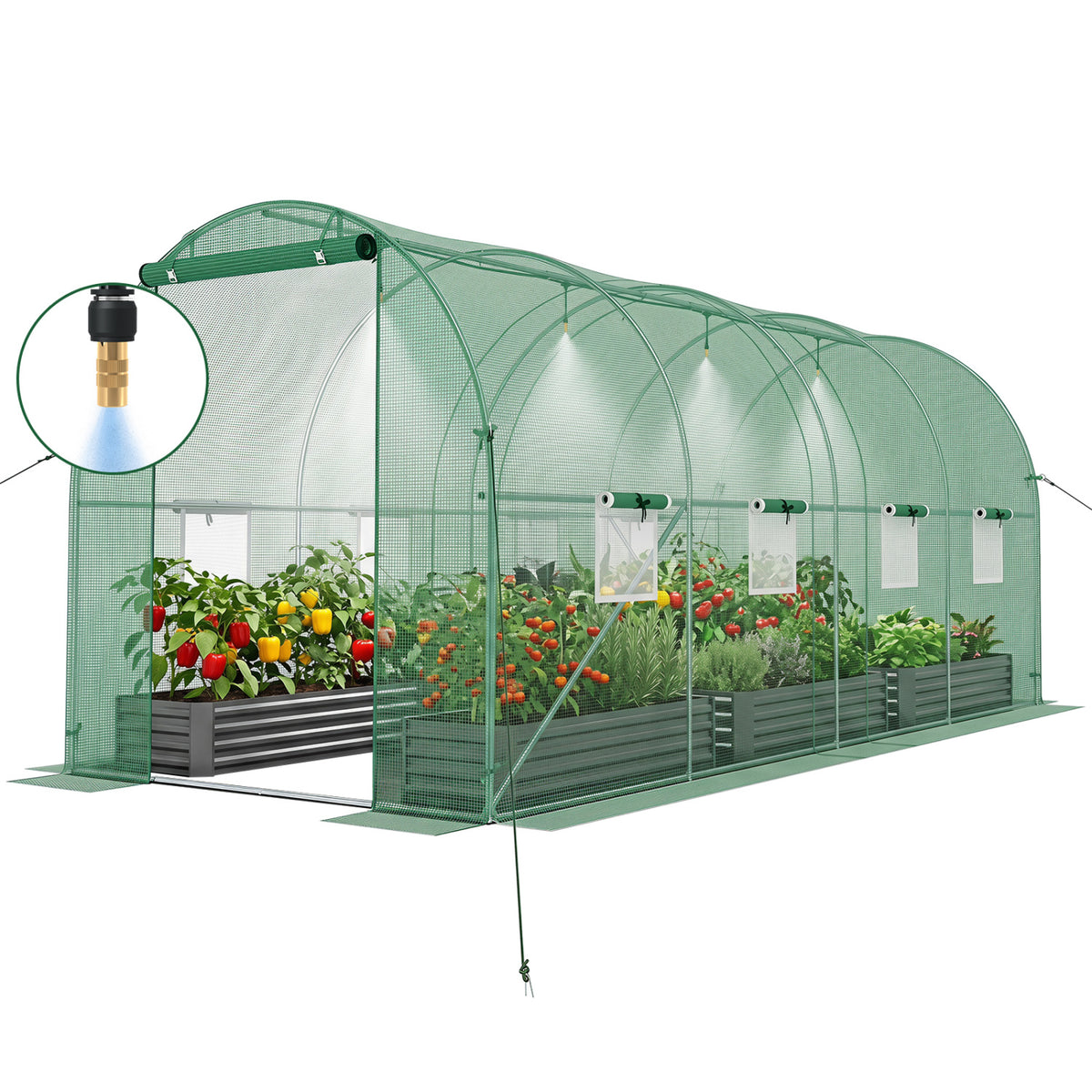 15 x 7 x 7 ft Walk-in Tunnel Greenhouse with Watering System-Green