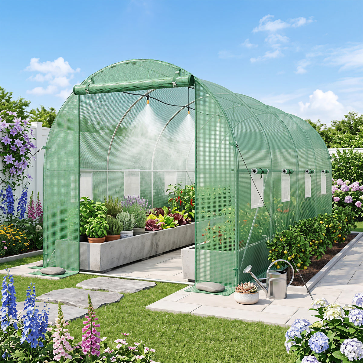 15 x 7 x 7 ft Walk-in Tunnel Greenhouse with Watering System-Green