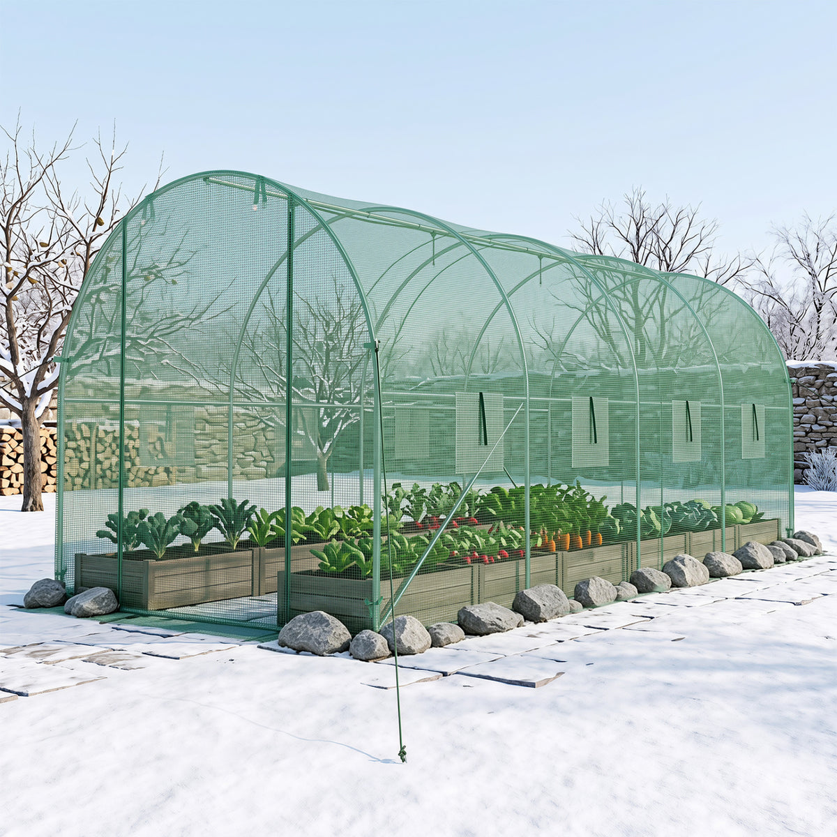 15 x 7 x 7 ft Walk-in Tunnel Greenhouse with Watering System-Green