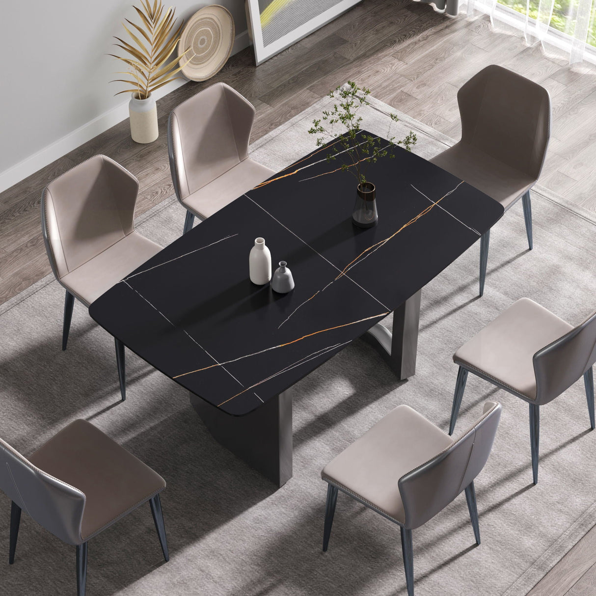 63" Modern Artificial Stone Black Curved Black Metal Leg Dining Table, 6 People - Black by Couch.com