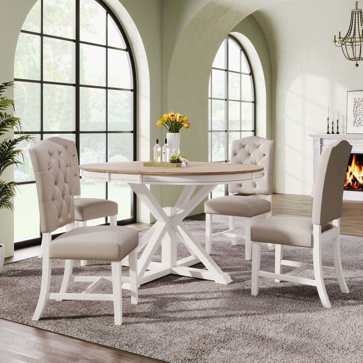 Functional Furniture Retro Style Dining Table Set With Extendable Table And 4 Upholstered Chairs For Dining Room And Living Room by Couch.com