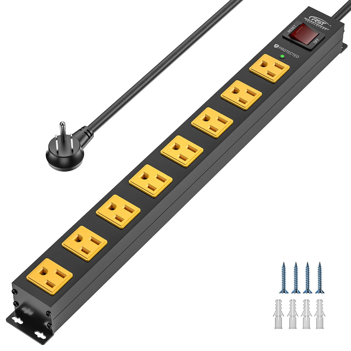 CRST 8 Outlets Wide Spaced Mountable Metal Power Strip Surge Protector, 6FT Flat Plug Power Cord, 2100 Joules Protection, Mount Kits Included