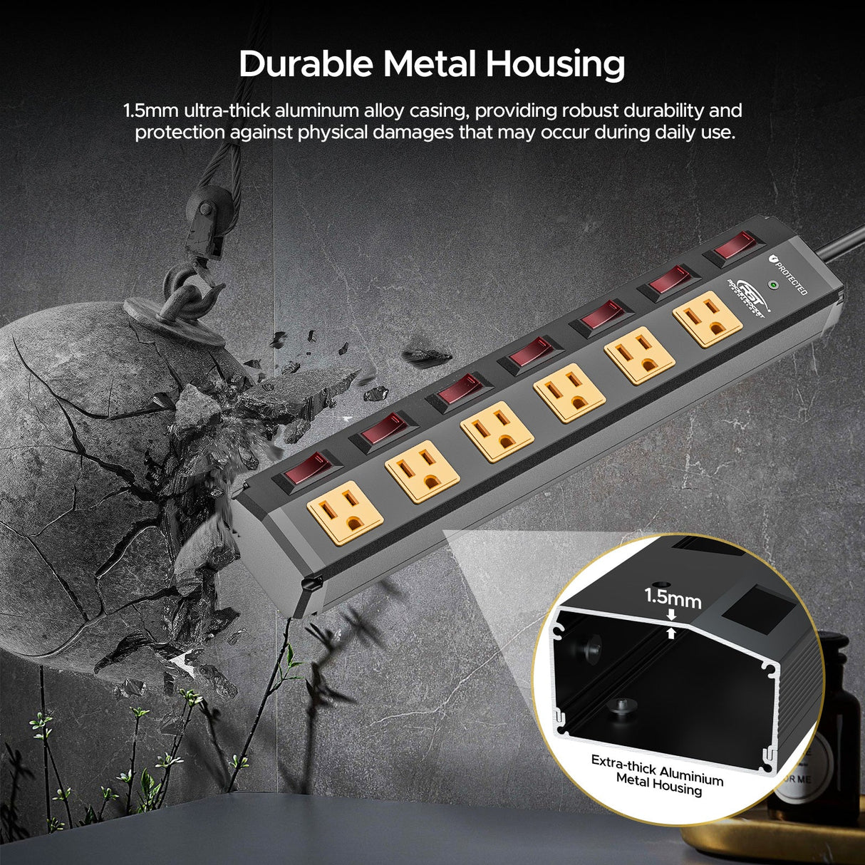 CRST 6 Outlets Individual Switches Mountable Metal Power Strip Surge Protector, 6FT Flat Plug Power Cord