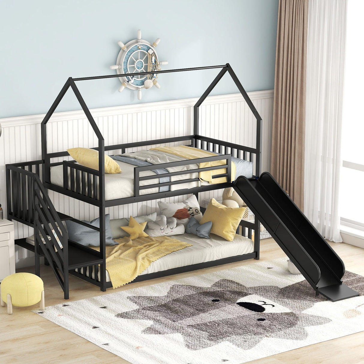 Twin Over Twin Metal Bunk Bed House Bed With Slide And Staircase by Couch.com