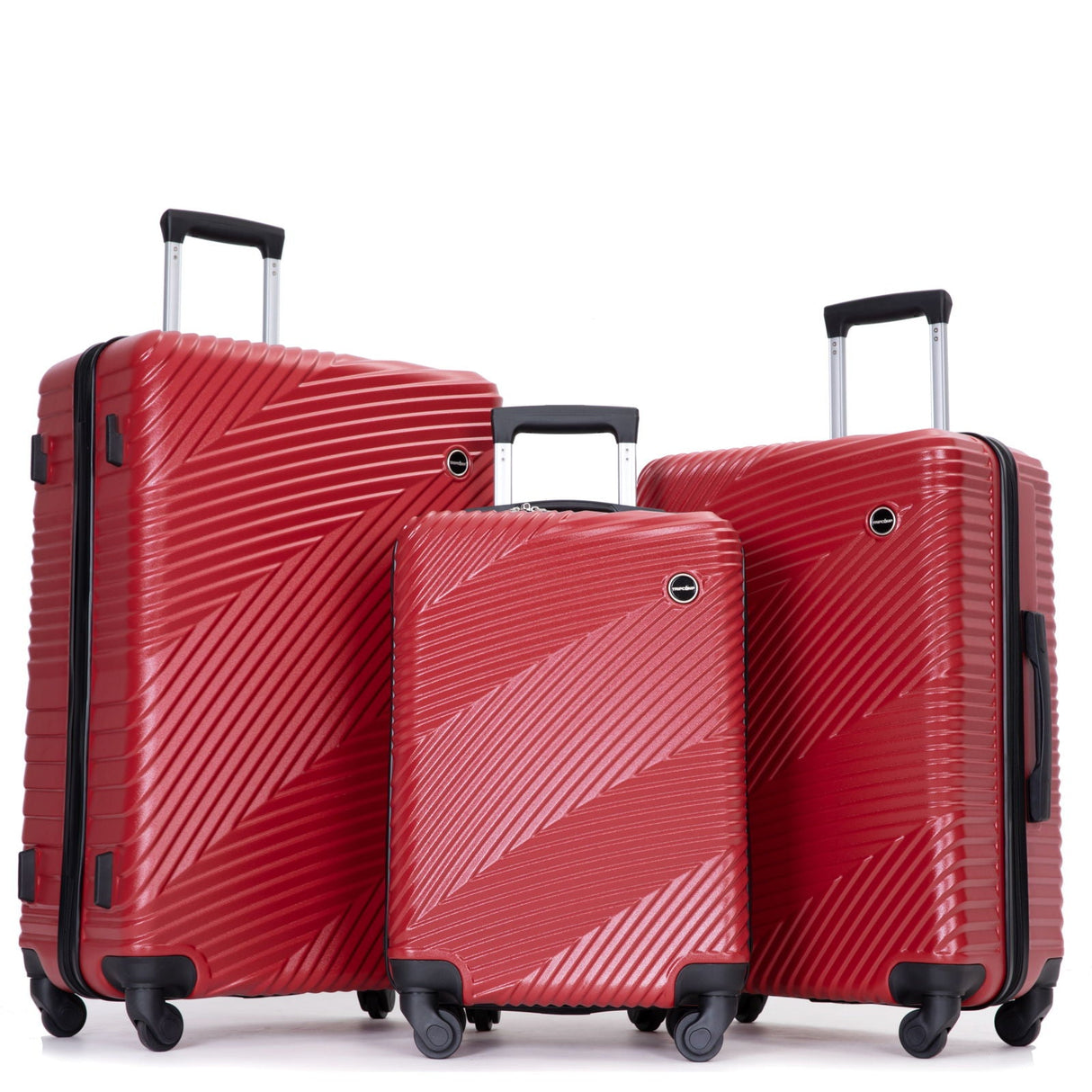 Three red hard-shell suitcases, with textured diagonal stripes and sizes varying, stand upright in a row from large to small. Each in the 3 Piece Luggage Set features spinner wheels and a telescopic handle for easy maneuvering.