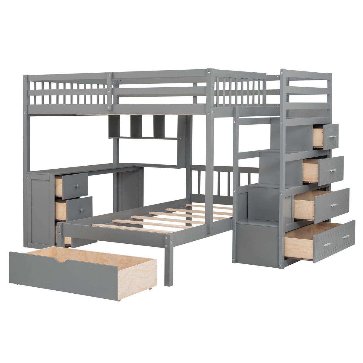 The Bunk Bed With Desk, Drawers And Shelves has a gray loft design with a left-side staircase featuring built-in drawers, a right-side desk area with shelves, and extra storage space under the bed frame.