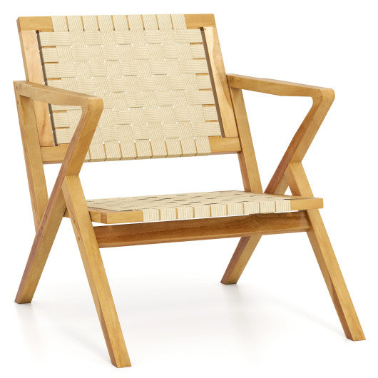 Outdoor and Indoor Teak Wood Patio Chair wuth Webbing Seat and Backrest-Natural