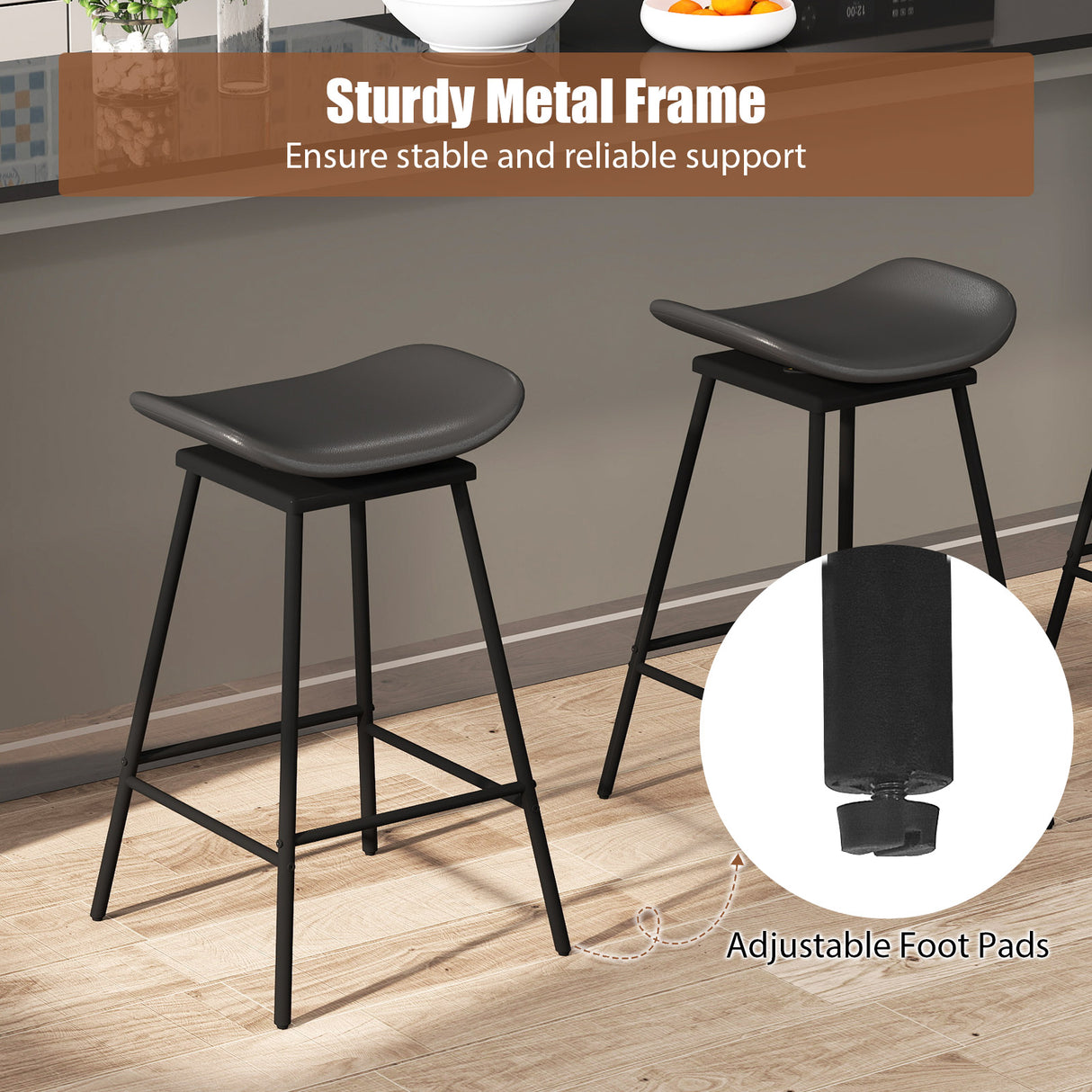 Set of 2 Swivel Barstools Faux Leather Upholstered Backless with Footrest-Black