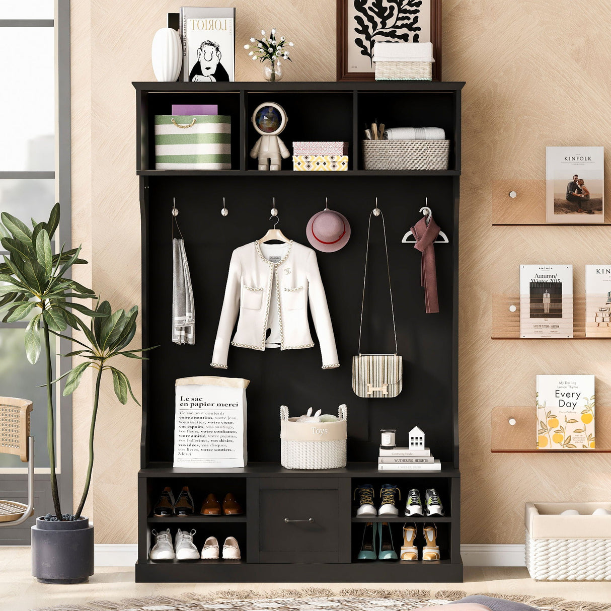 Hall Tree With 6 Hooks, Coat Hanger, Entryway Bench by Couch.com