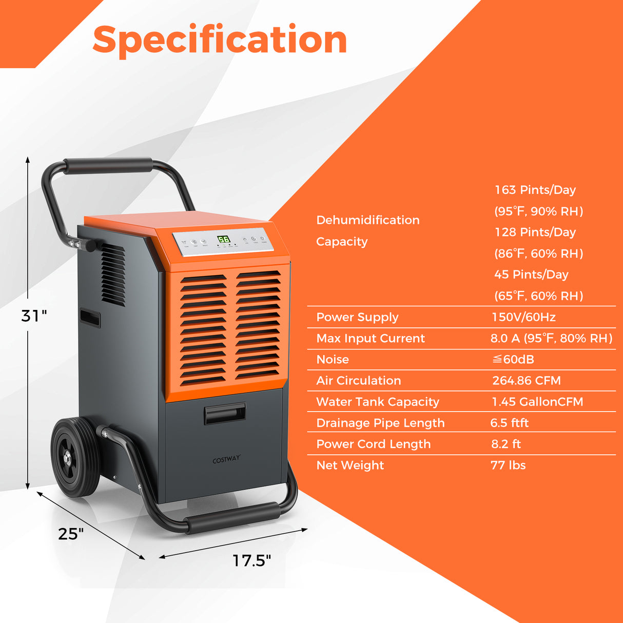 163 Pints Commercial Dehumidifier with Drain Hose and 24H Timer-Gray